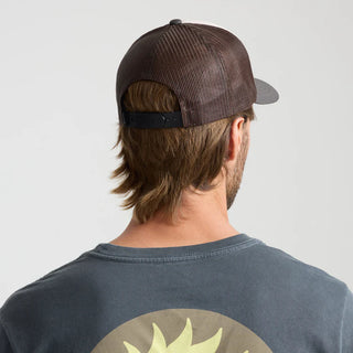 Roark Foam Trucker Global Snapback Hat in Military, structured 5-panel foam front trucker hat in 100% polyester with slightly curved visor, polyester mesh back, snapback closure, contrast visor and mesh color, and satin stitch chain stitch embroidery