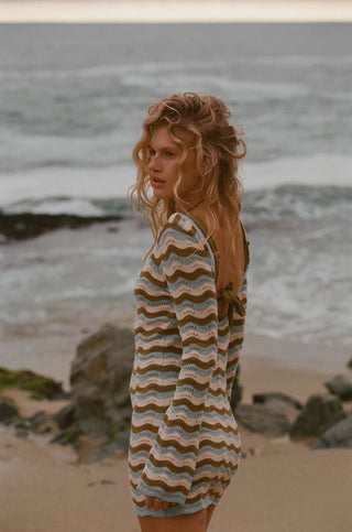 Rhythm Whispering Tides Knit Mini Dress in Blue, long sleeve slim fit mini dress with low scoop back, multi-colour wave stripe in cotton blend yarns, designed to be worn over swimwear