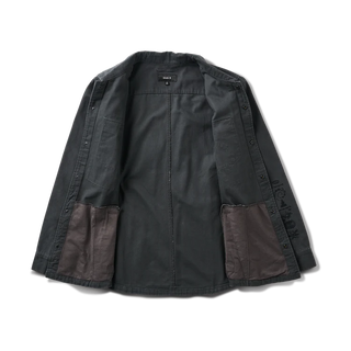 Roark Hebrides Unlined Jacket in Onyx with embroidered sun and flower patches.