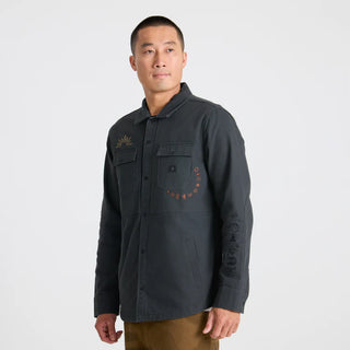Roark Hebrides Unlined Jacket in Onyx with embroidered sun and flower patches.
