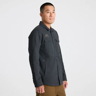 Roark Hebrides Unlined Jacket in Onyx with embroidered sun and flower patches.