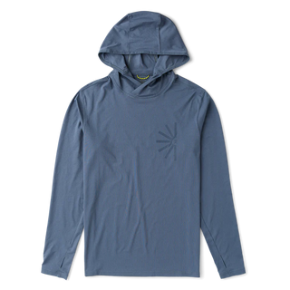 Roark Men's Venture LS UPF Hoodie in Neptune — lightweight GRS-certified recycled polyester with UPF 50+ protection and sleeve thumb holes for water and trail use