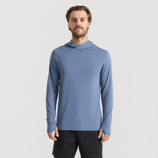 Roark Men's Venture LS UPF Hoodie in Neptune — lightweight GRS-certified recycled polyester with UPF 50+ protection and sleeve thumb holes for water and trail use