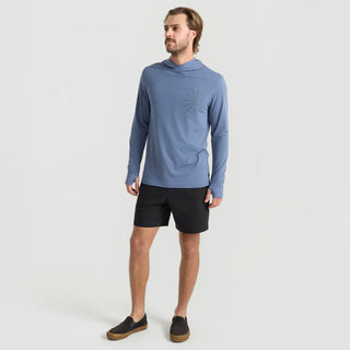 Roark Men's Venture LS UPF Hoodie in Neptune — lightweight GRS-certified recycled polyester with UPF 50+ protection and sleeve thumb holes for water and trail use
