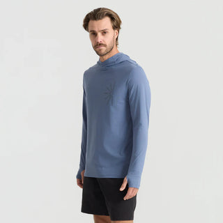 Roark Men's Venture LS UPF Hoodie in Neptune — lightweight GRS-certified recycled polyester with UPF 50+ protection and sleeve thumb holes for water and trail use
