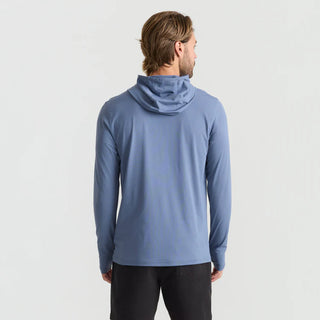 Roark Men's Venture LS UPF Hoodie in Neptune — lightweight GRS-certified recycled polyester with UPF 50+ protection and sleeve thumb holes for water and trail use