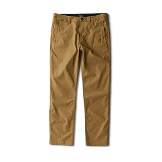 Roark Layover Pro Traveler Pants in Dark Khaki, straight-leg 4-way stretch Embarq Dura-Stretch fabric with TSA-friendly waistband, zippered travel pockets, back phone stash pocket, and laser-perforated cooling panel