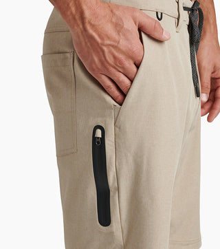 Desert khaki Roark Explorer 2.0 Hybrid Shorts, 19" outseam, stretch, zip pocket.