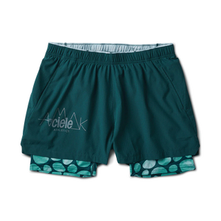 Ciele Athletics x Roark Run Amok Bommer 3.5" Men's Shorts in Evergreen, featuring ventilated back yoke and secure pockets, perfect for adventurers