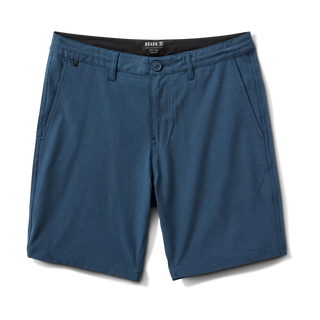 Roark Hytide Hybrid Shorts in Navy, versatile quick-dry hybrid shorts in 52% recycled polyester 26% polyester 15% cotton 7% elastane with 18.5 inch outseam, moisture-wicking fabric, drawstring waistband, back zip pockets, and Roark signature drop pocket