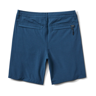 Roark Hytide Hybrid Shorts in Navy, versatile quick-dry hybrid shorts in 52% recycled polyester 26% polyester 15% cotton 7% elastane with 18.5 inch outseam, moisture-wicking fabric, drawstring waistband, back zip pockets, and Roark signature drop pocket