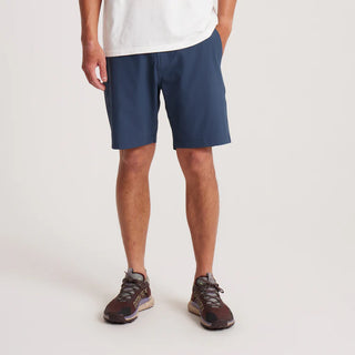 Roark Hytide Hybrid Shorts in Navy, versatile quick-dry hybrid shorts in 52% recycled polyester 26% polyester 15% cotton 7% elastane with 18.5 inch outseam, moisture-wicking fabric, drawstring waistband, back zip pockets, and Roark signature drop pocket