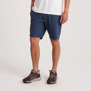Roark Hytide Hybrid Shorts in Navy, versatile quick-dry hybrid shorts in 52% recycled polyester 26% polyester 15% cotton 7% elastane with 18.5 inch outseam, moisture-wicking fabric, drawstring waistband, back zip pockets, and Roark signature drop pocket