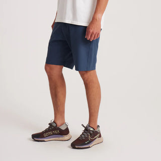 Roark Hytide Hybrid Shorts in Navy, versatile quick-dry hybrid shorts in 52% recycled polyester 26% polyester 15% cotton 7% elastane with 18.5 inch outseam, moisture-wicking fabric, drawstring waistband, back zip pockets, and Roark signature drop pocket