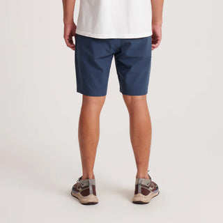 Roark Hytide Hybrid Shorts in Navy, versatile quick-dry hybrid shorts in 52% recycled polyester 26% polyester 15% cotton 7% elastane with 18.5 inch outseam, moisture-wicking fabric, drawstring waistband, back zip pockets, and Roark signature drop pocket