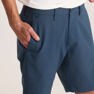 Roark Hytide Hybrid Shorts in Navy, versatile quick-dry hybrid shorts in 52% recycled polyester 26% polyester 15% cotton 7% elastane with 18.5 inch outseam, moisture-wicking fabric, drawstring waistband, back zip pockets, and Roark signature drop pocket