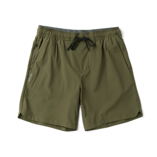Roark Serrano 7 inch Active Stretch Shorts in Military, athletic fit lightweight REPREVE recycled polyester shorts with DWR water-resistant finish, side zip pocket, dual slash pockets, and rear YKK zip pocket