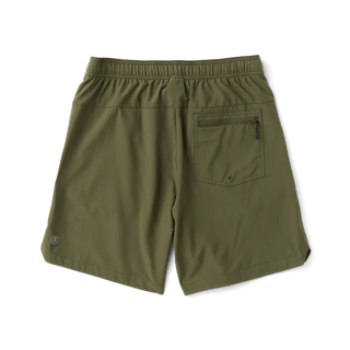 Roark Serrano 7 inch Active Stretch Shorts in Military, athletic fit lightweight REPREVE recycled polyester shorts with DWR water-resistant finish, side zip pocket, dual slash pockets, and rear YKK zip pocket