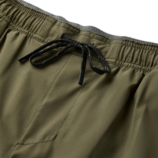 Roark Serrano 7 inch Active Stretch Shorts in Military, athletic fit lightweight REPREVE recycled polyester shorts with DWR water-resistant finish, side zip pocket, dual slash pockets, and rear YKK zip pocket