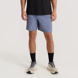 Roark Serrano 7 inch Active Stretch Shorts in Neptune, athletic fit lightweight REPREVE recycled polyester shorts with DWR water-resistant finish, side zip pocket, dual slash pockets, and rear YKK zip pocket