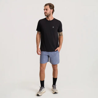 Roark Serrano 7 inch Active Stretch Shorts in Neptune, athletic fit lightweight REPREVE recycled polyester shorts with DWR water-resistant finish, side zip pocket, dual slash pockets, and rear YKK zip pocket