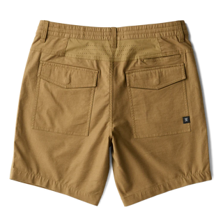 Roark Layover Pro Traveler Shorts in khaki with stretch fabric and hybrid waistband