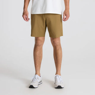 Roark Layover Pro Traveler Shorts in khaki with stretch fabric and hybrid waistband