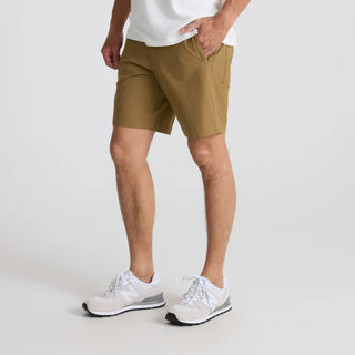 Roark Layover Pro Traveler Shorts in khaki with stretch fabric and hybrid waistband