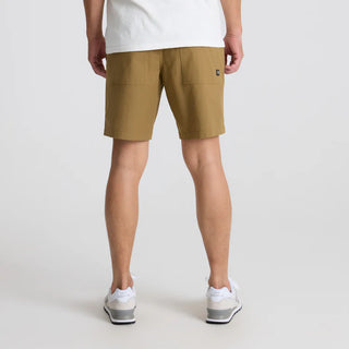 Roark Layover Pro Traveler Shorts in khaki with stretch fabric and hybrid waistband