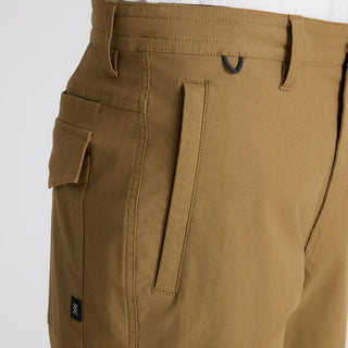 Roark Layover Pro Traveler Shorts in khaki with stretch fabric and hybrid waistband