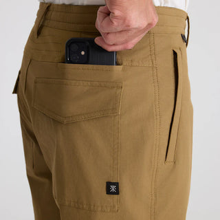 Roark Layover Pro Traveler Shorts in khaki with stretch fabric and hybrid waistband