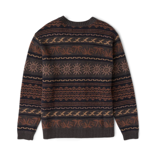 Roark Nomad Cardigan in Rust with horizontal geometric and sun motifs, a V-neck, button-front closure, and dark ribbed trim