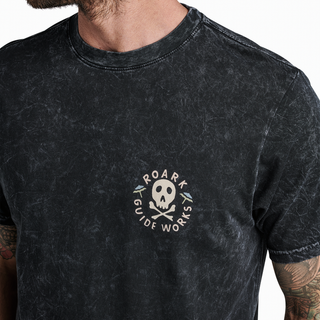 Roark Guideworks Skull Tee with custom mineral wash, 100% cotton, premium fit, celebrating adventure and guidance.