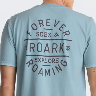 Roark Stamp Premium Tee in Dusty Blue with back graphic and premium fit.