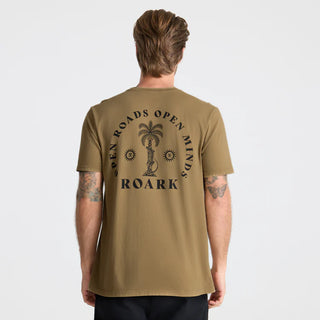 Roark Palma Chilena Tee in Khaki with “Open Roads” graphic.
