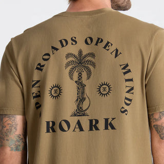 Roark Palma Chilena Tee in Khaki with “Open Roads” graphic.