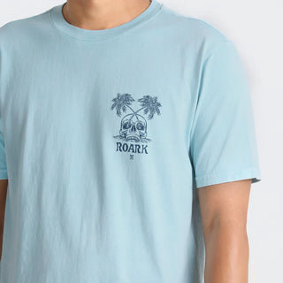Roark Permanent Vacation Tee in Dusty Blue with crossed palms and skull back graphic