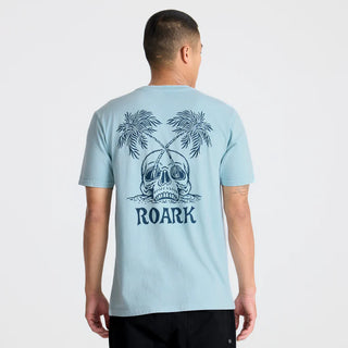 Roark Permanent Vacation Tee in Dusty Blue with crossed palms and skull back graphic