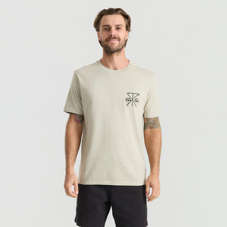 Roark Safecamp Premium Tee in Fossil with garment-dyed 100% cotton, premium fit, and 20 singles ringspun combed cotton construction