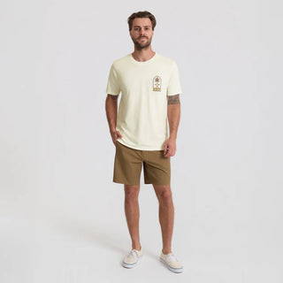 Man wearing a beige t-shirt and khaki shorts on a white background