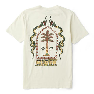 Beige t-shirt with a palm tree design and 'Roark' branding on a white background