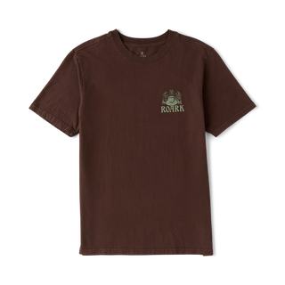 Roark Reading Ritual Premium Tee in Tobacco with a large cream-colored coffee-reading graphic featuring a coffee pot, cup, botanical illustration, and ritual instructions