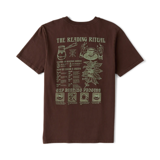 Roark Reading Ritual Premium Tee in Tobacco with a large cream-colored coffee-reading graphic featuring a coffee pot, cup, botanical illustration, and ritual instructions