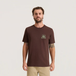 Roark Reading Ritual Premium Tee in Tobacco with a large cream-colored coffee-reading graphic featuring a coffee pot, cup, botanical illustration, and ritual instructions