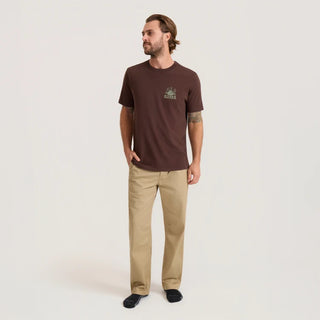 Roark Reading Ritual Premium Tee in Tobacco with a large cream-colored coffee-reading graphic featuring a coffee pot, cup, botanical illustration, and ritual instructions