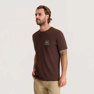 Roark Reading Ritual Premium Tee in Tobacco with a large cream-colored coffee-reading graphic featuring a coffee pot, cup, botanical illustration, and ritual instructions