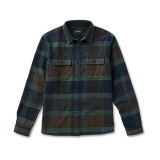 Roark Nordsman Long Sleeve Flannel in deep navy wool blend with reinforced elbows, snap front, and chest pockets.
