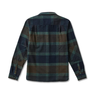 Roark Nordsman Long Sleeve Flannel in deep navy wool blend with reinforced elbows, snap front, and chest pockets.