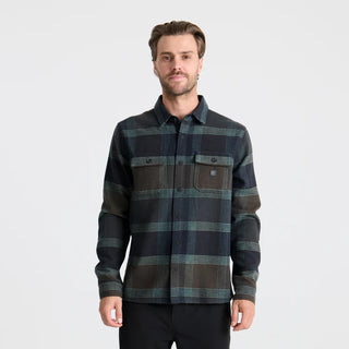 Roark Nordsman Long Sleeve Flannel in deep navy wool blend with reinforced elbows, snap front, and chest pockets.