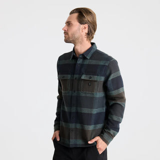 Roark Nordsman Long Sleeve Flannel in deep navy wool blend with reinforced elbows, snap front, and chest pockets.